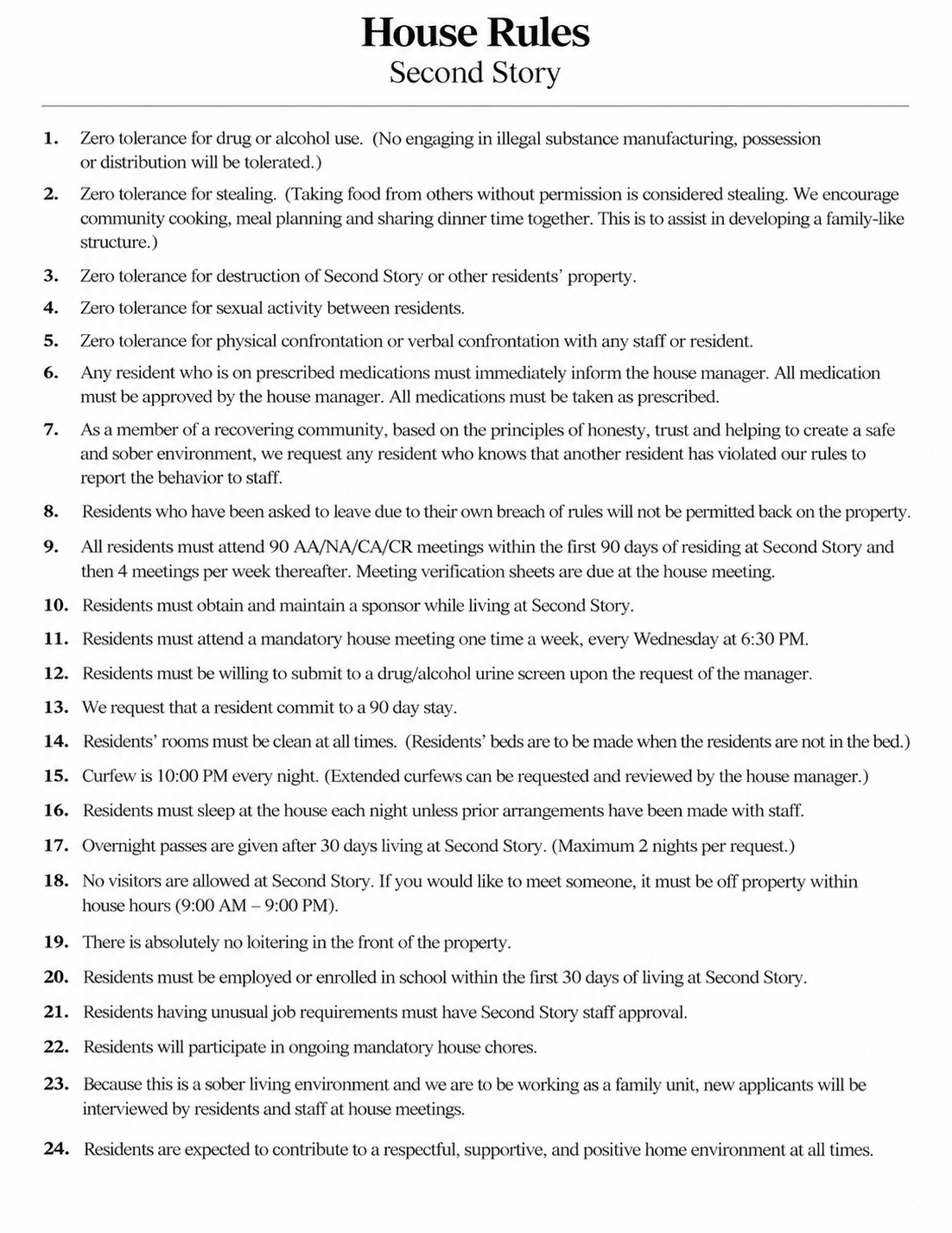 Second Story House Rules — 24 rules for residents